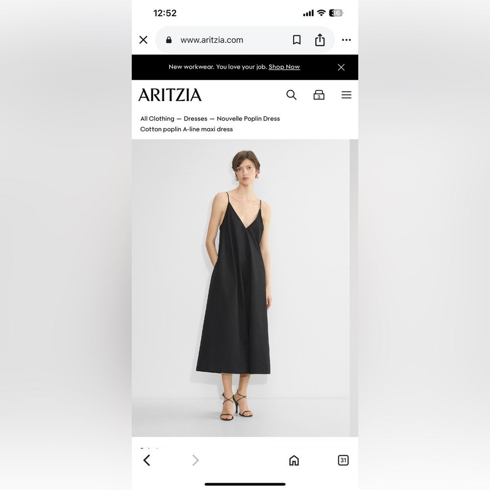BNWT Aritzia Black Cotton Poplin A-Line Midi Dress size medium